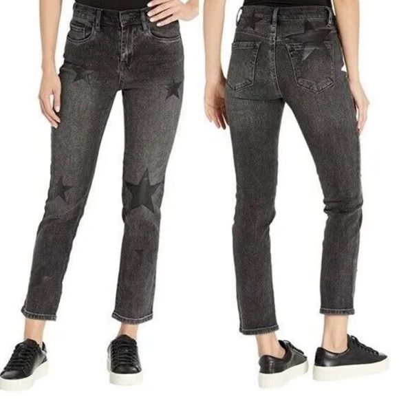 Blank NYC Black Star Patch Madison Crop Jeans Size 27 Leather Denim - Picture 1 of 9